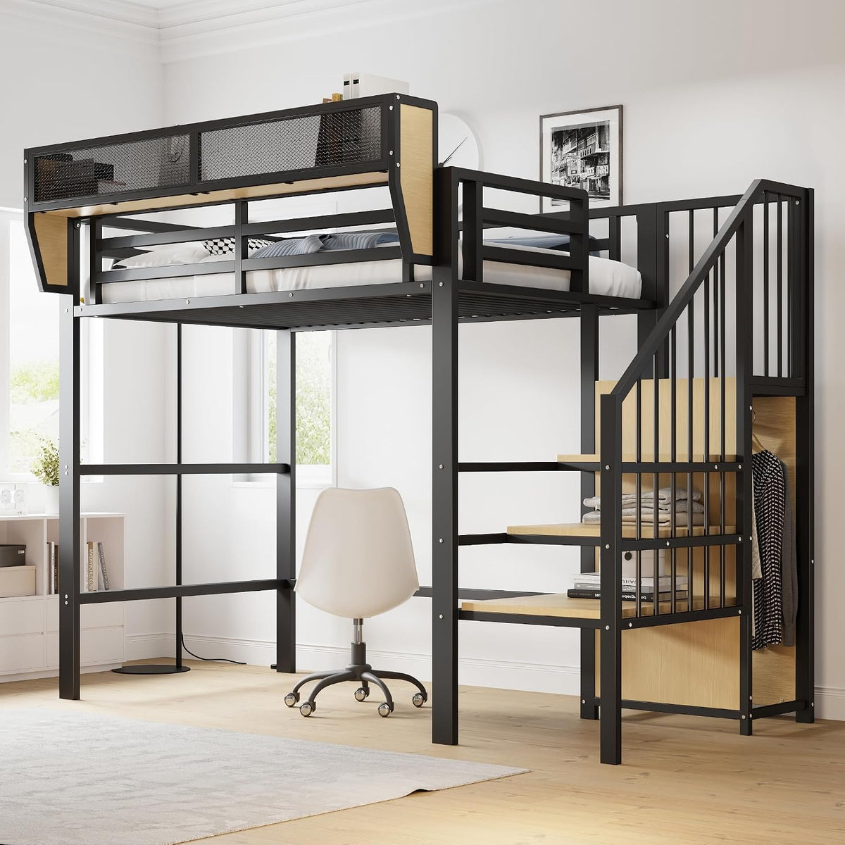 Moimhear Bett, 90x200 cm, Schwarz, Hoch, mit Sicherheitsleiter und flexiblem Staufach, Metall Erwachsenen Kinder-Etagen (