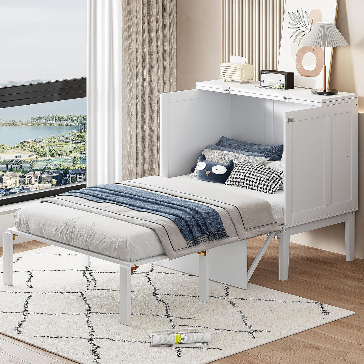 Soweiz Bett, 90x200 cm, Weiß, Schrank, Wand mit Lattenrost, Wandklapp, Vertikales Schrank mit Lattenrost, Jugend ，Platzsparend