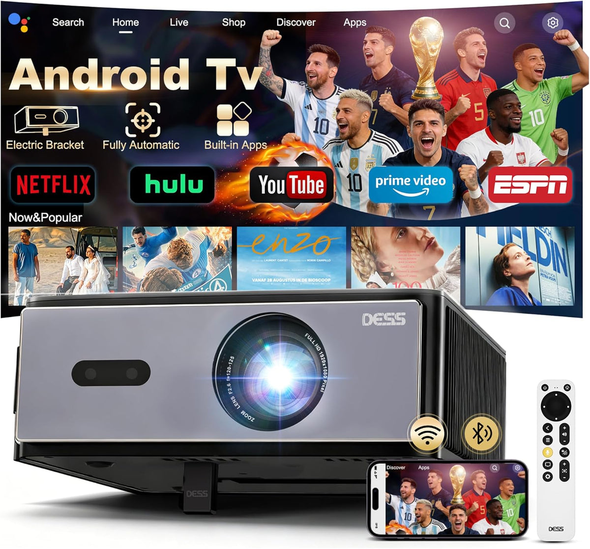 DESS Beamer, Schwarz, C4 Pro 4K Tageslicht Tauglich - Smart TV Projektor 4K mit, Autofokus, Wi-Fi 6, LED)