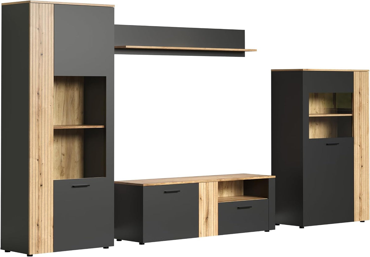 trendteam smart living TV-Schrank, 340 x 195 x 42 cm, Anthrazit, Lowboard, Esteban - Wohnwand (2 Vitrinen + TV-Lowboard + Wandregal)