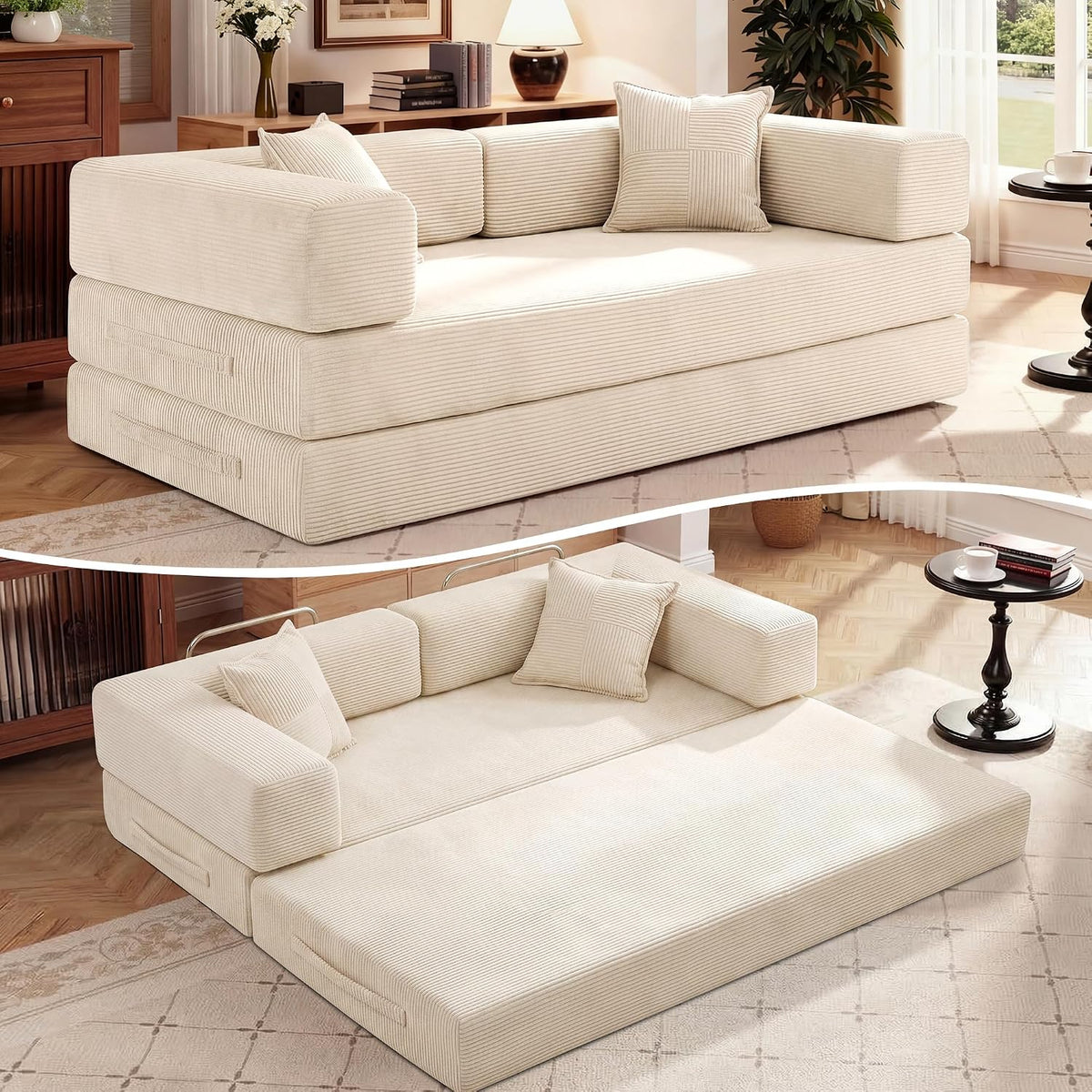 Vipbear Sofa, 200 cm, Beige, Schlaf Breit, 5-in-1 Faltbares Boneless Couch