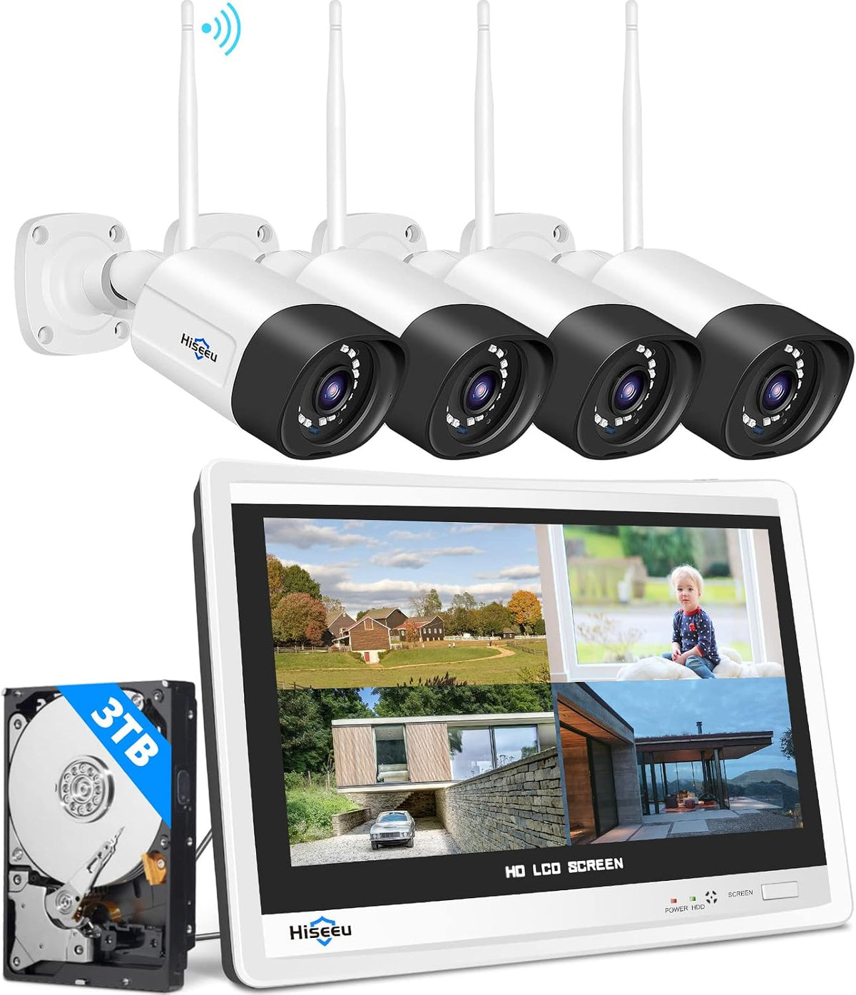 Hiseeu Monitor, Weiß/Schwarz, 【5MP+3TB Festplatte】 Überwachungskamera Set Aussen WLAN mit, 4 Pcs 5MP WiFi Kameras mit Farbe Nachtsicht