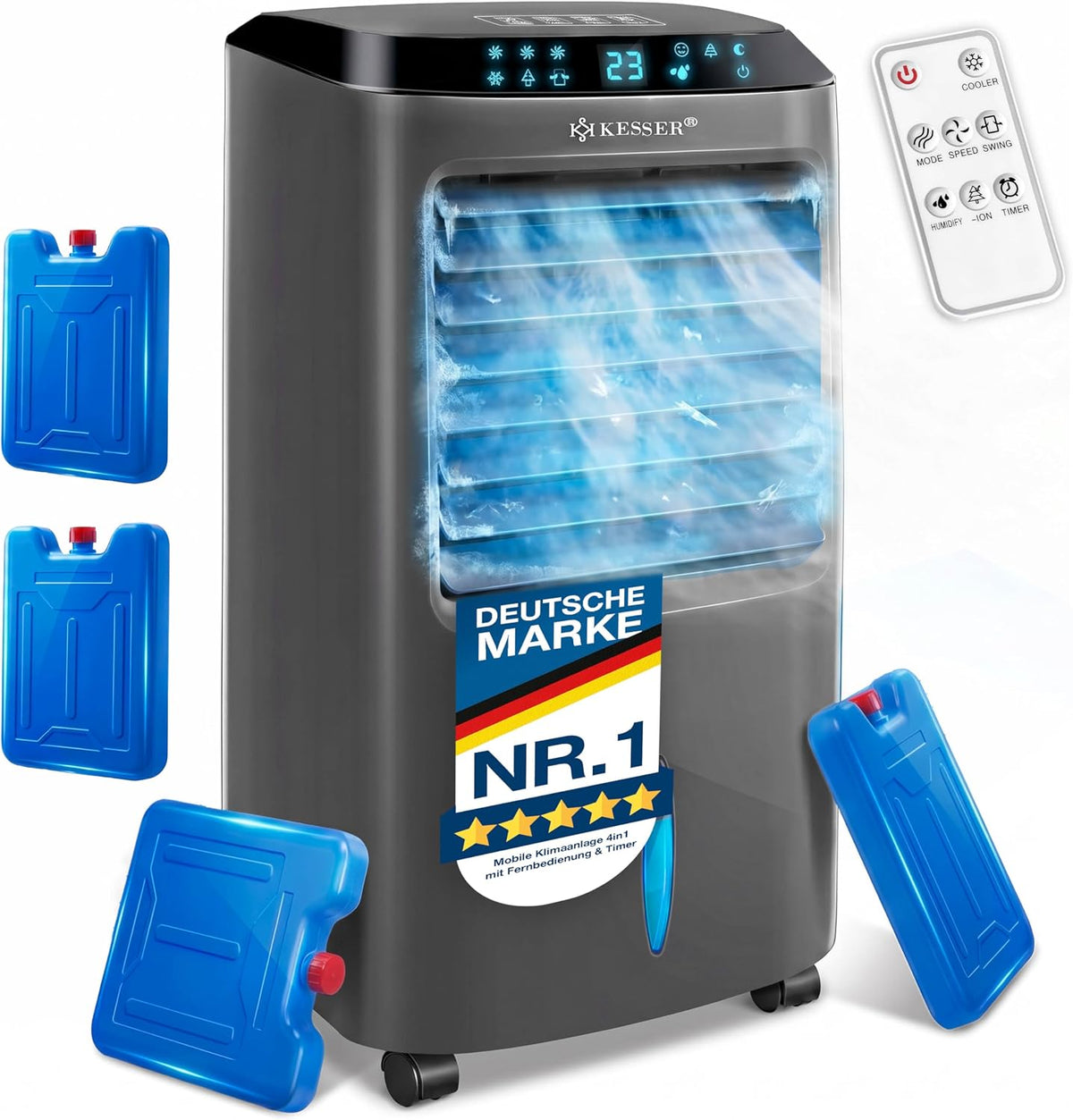 KESSER Klimaanlage, 10 L, Schwarz/Grau/Blau, Mobile 4in1 Luftkühler, Air Cooler mit Fernbedienung & Timer, Wassertank
