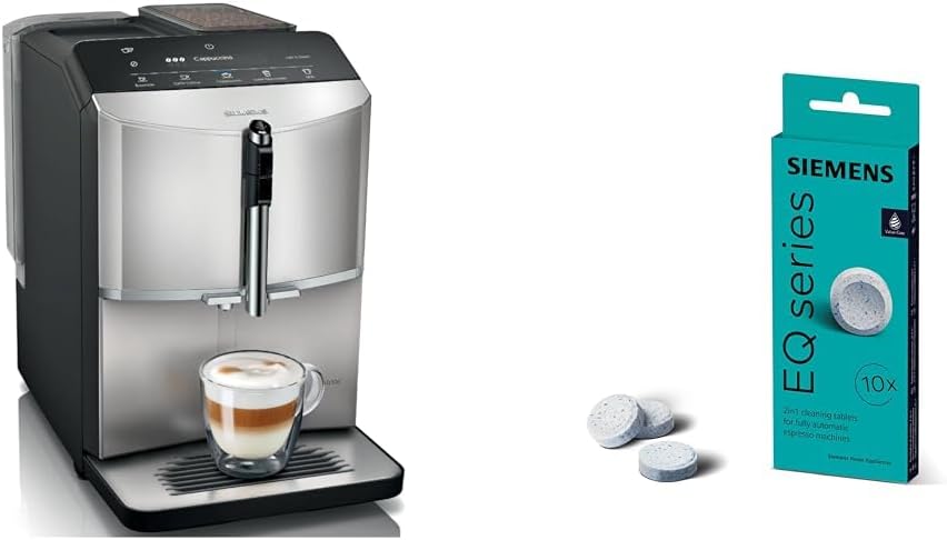 Siemens Kaffeevollautomat, Silber/Schwarz, EQ300 TF303E07 & Reinigungstabletten TZ80001A, 10 Stück