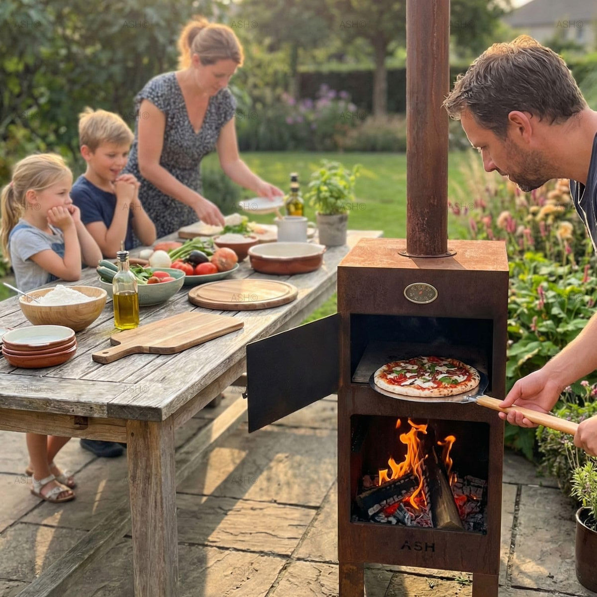 PakketPanda Pizzaofen, Schwarz, Garten - - - Cortenstahl - inkl. Thermometer - ASH