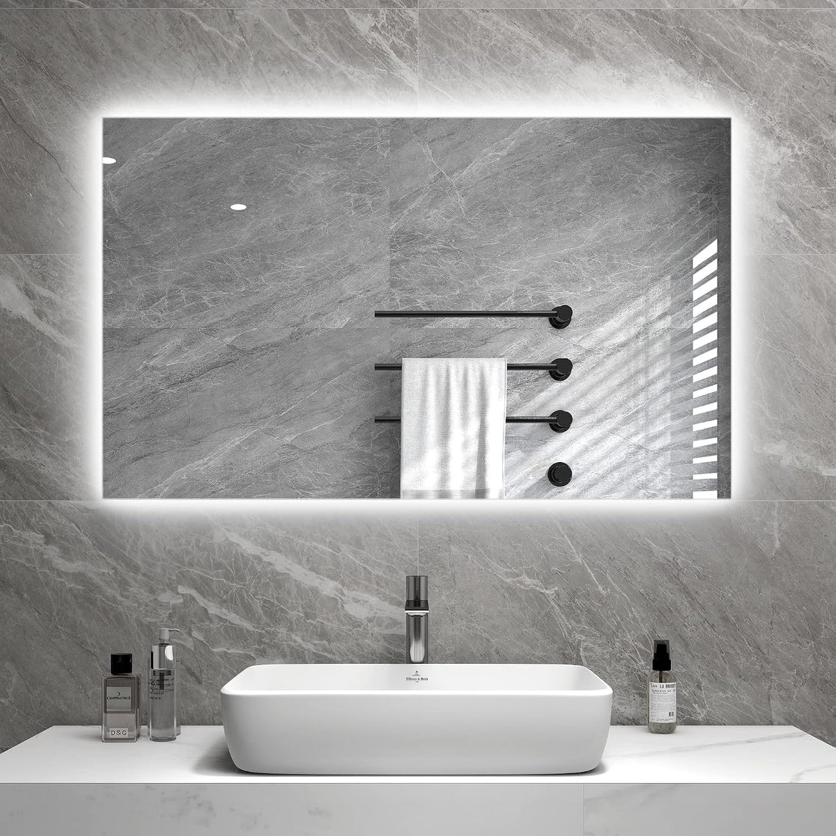 byecold Elektroheizkörper, 100x60 cm, 580 W, Grau/Weiß, Infrarotheizung Spiegel Wandmontage mit LED, Spiegelheizung Elektrisch Infrarot