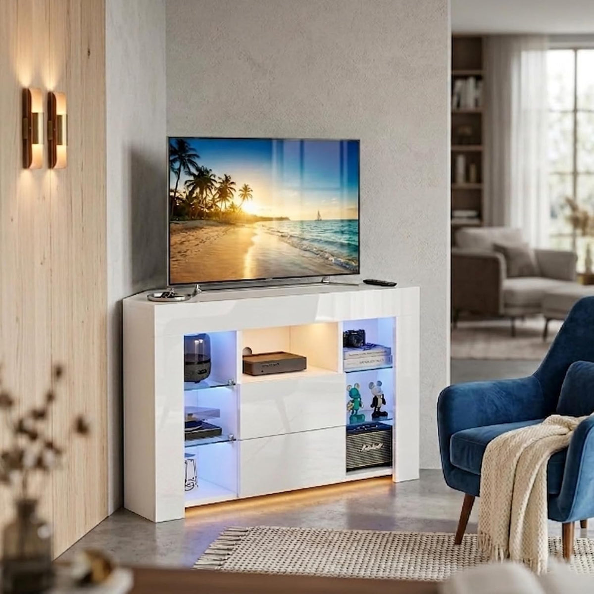 Dripex Sideboard, 100x68x40 cm, Weiß, TV Lowboard Eckschrank Eckkommode mit RGB LED Beleuchtung, Hochglanz