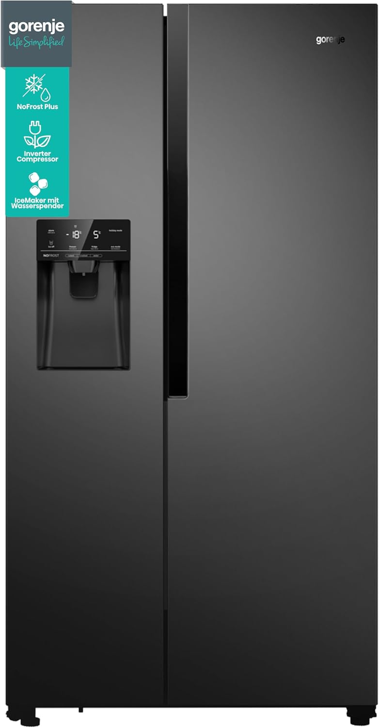 Gorenje Kühl-Gefrierkombination, 371 l, 185 l, 3 cm, schwarz, NRS 9 EVB Side by Side /NoFrost Plus/Inverter, /Kühlteil /Gefrierteil /