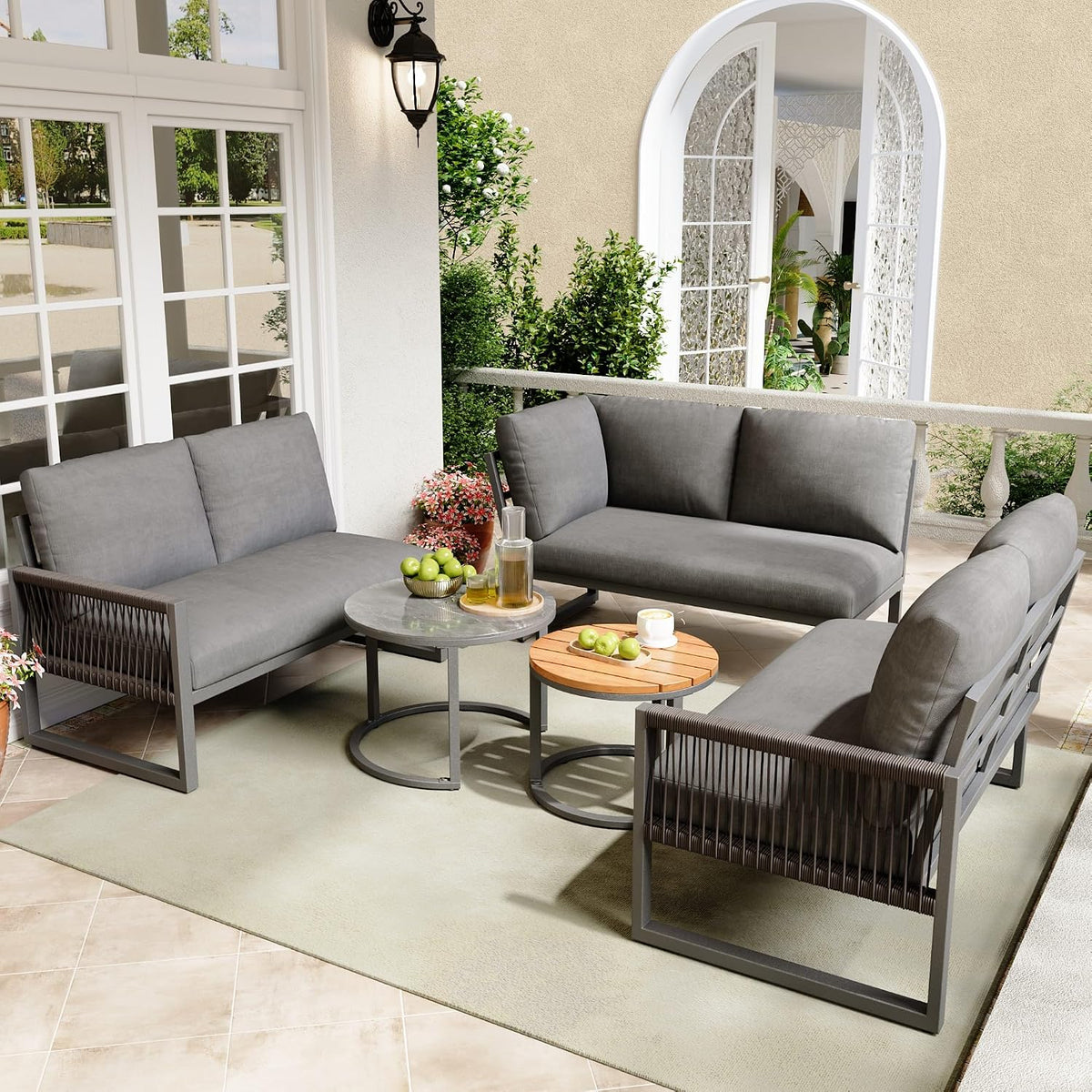 DRIXNO Sofa, Grau, Garten-Lounge-Set, Möbelset für 6-7 Personen, Eck mit Verzinktem Eisengestell, Verstellbare Beine