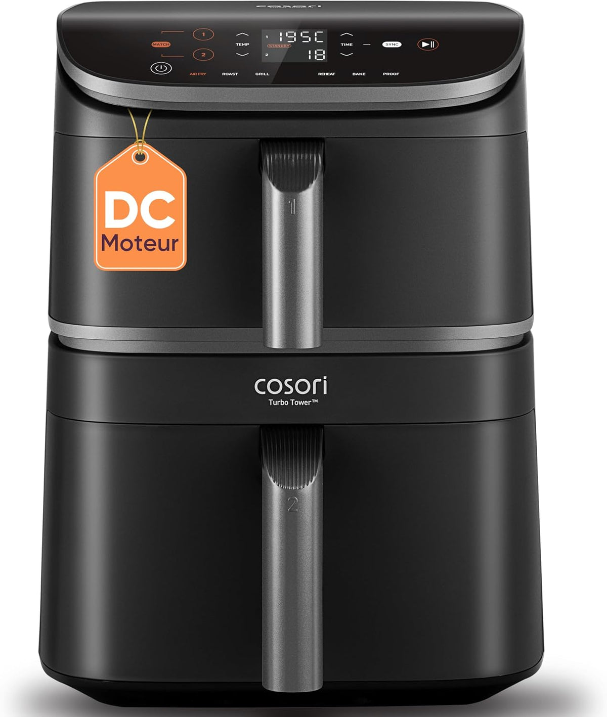 COSORI Heissluftfritteuse, 10,8 l, Schwarz, Air Fryer Turbo Tower, Fritteuse ohne Öl mit 2 Schubladen, 3 Kochstufen