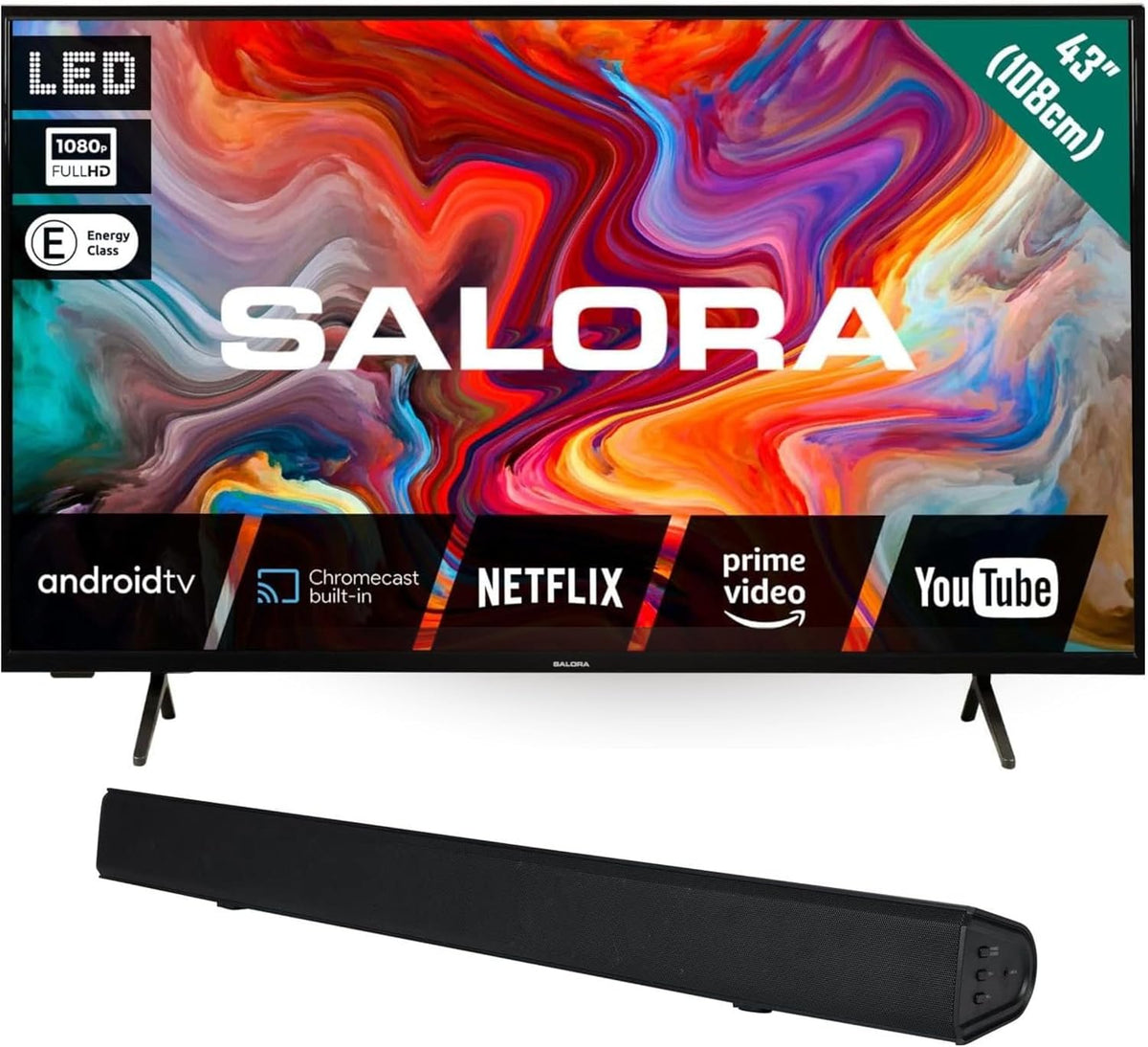 SALORA Fernseher, 43 Zoll, 80 W, Schwarz, Smart TV, LED Smart TV HD Ready mit Android TV, WLAN & Chromecast + SBO680 2.1 Soundbar Subwoofer