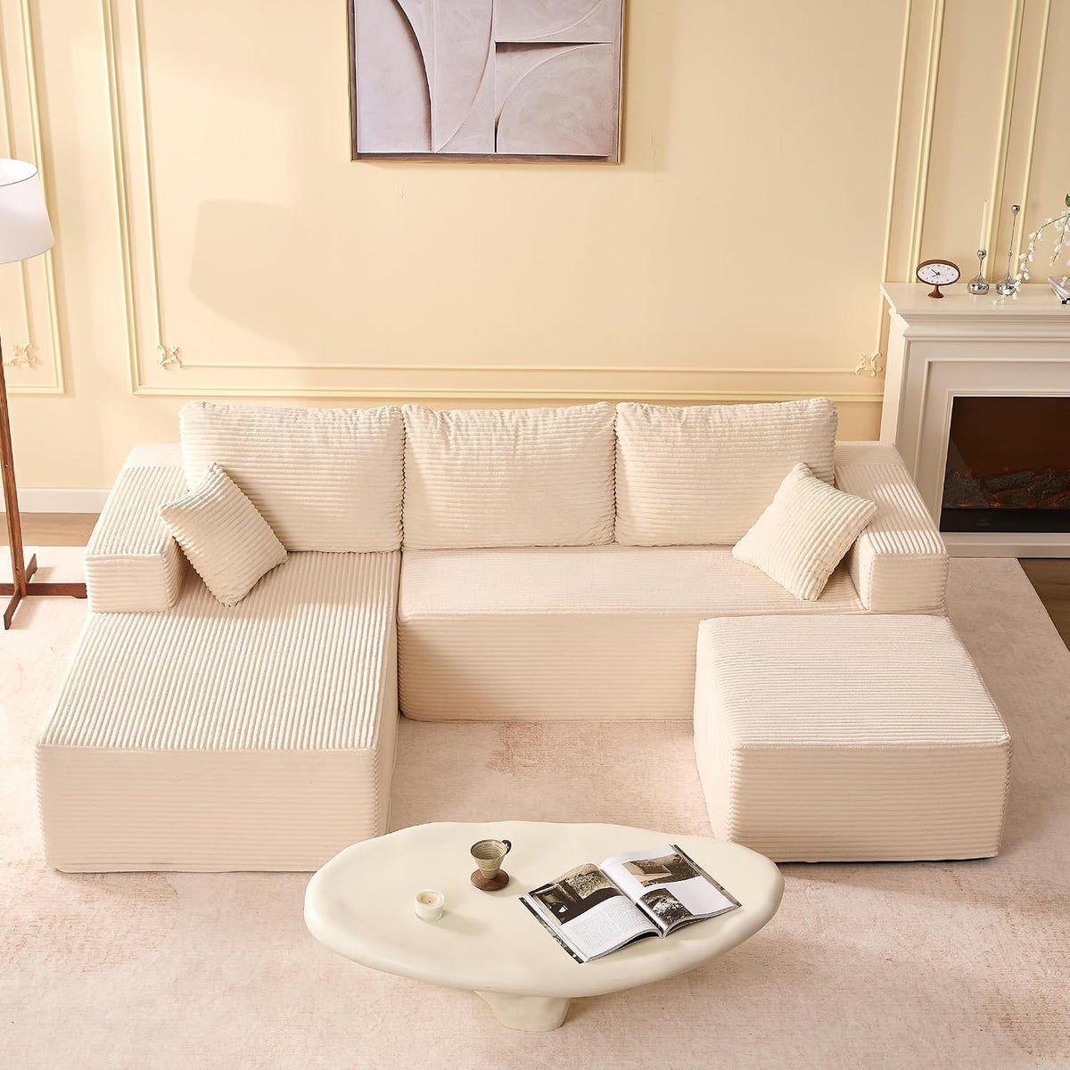Sofa Litbird, 272 cm, Beige, U-förmiges modulares Eck mit Schlaffunktion, rahmenloses Oversize Schlaf mit Chaiselongue Links