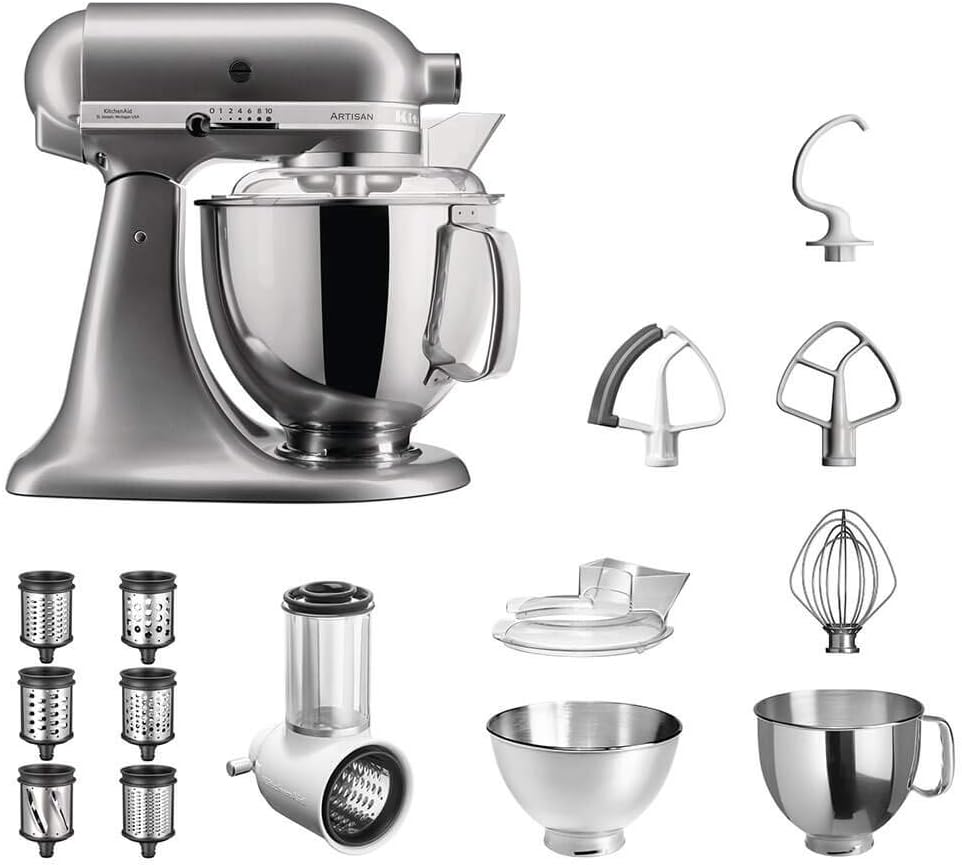 KitchenAid Reiben, Silber, Küchenmaschine Artisan 5KSM175PS Veggie S Paket, mit TOP Zubehör: Gemüseschneider mit drei Trommeln sowie