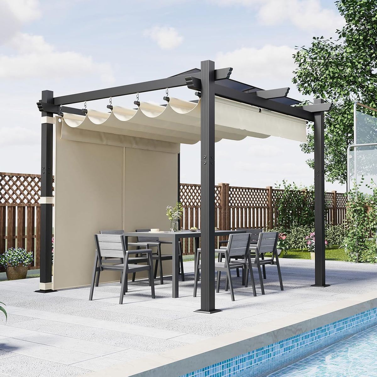 Devoko Pavillon, Beige, Aluminium Pergola mit Schiebedach, Verstellbarer Schattenfläche, UV-Schutz 50+, 3x3 wasserdicht stabil Winterfest