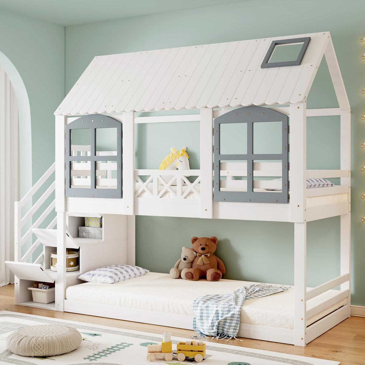 Merax Bett, 90x200 cm, Weiß, Etagen, Kinder Hoch für 2 Kinder, Baumhaus mit Rausfallschutz & Lattenrost, Haus mit Dach & Fenster