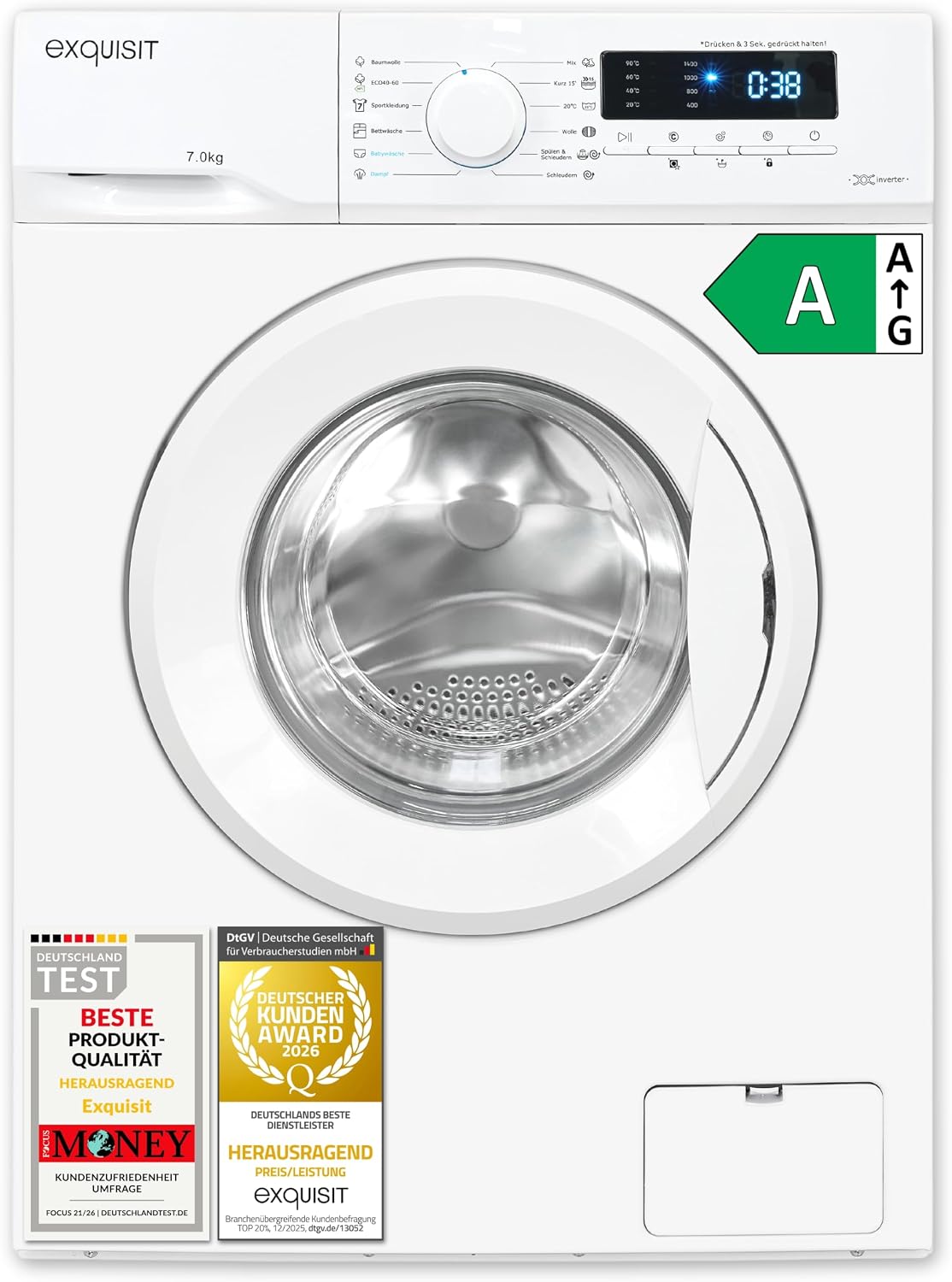 Exquisit Waschmaschine, 7 kg, Weiß, Energieeffizienzklasse A, 1400 U/Min, Weiss