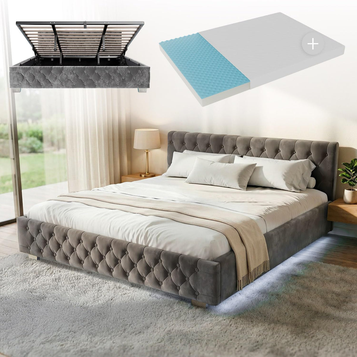 Juskys Matratze, 180x200 cm, Grau, Polsterbett Nizza mit, Bettgestell mit Lattenrost, Stauraum & LED Beleuchtung
