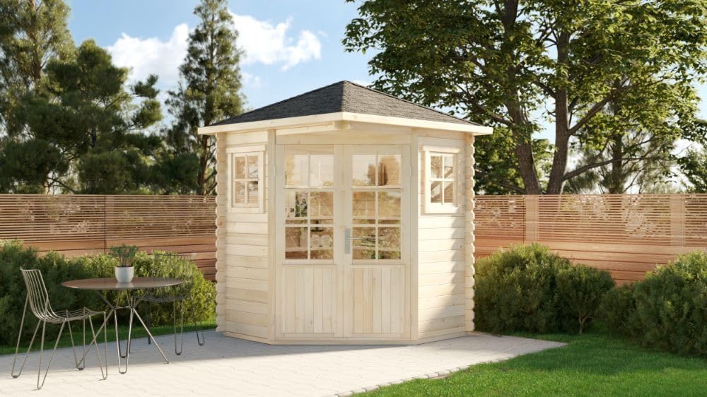 Gerätehaus Alpholz, 200 x 200 cm, 28 mm, Beige/Schwarz, 5-Eck Gartenhaus Modell Sunny-A aus Holz in Naturbelassen