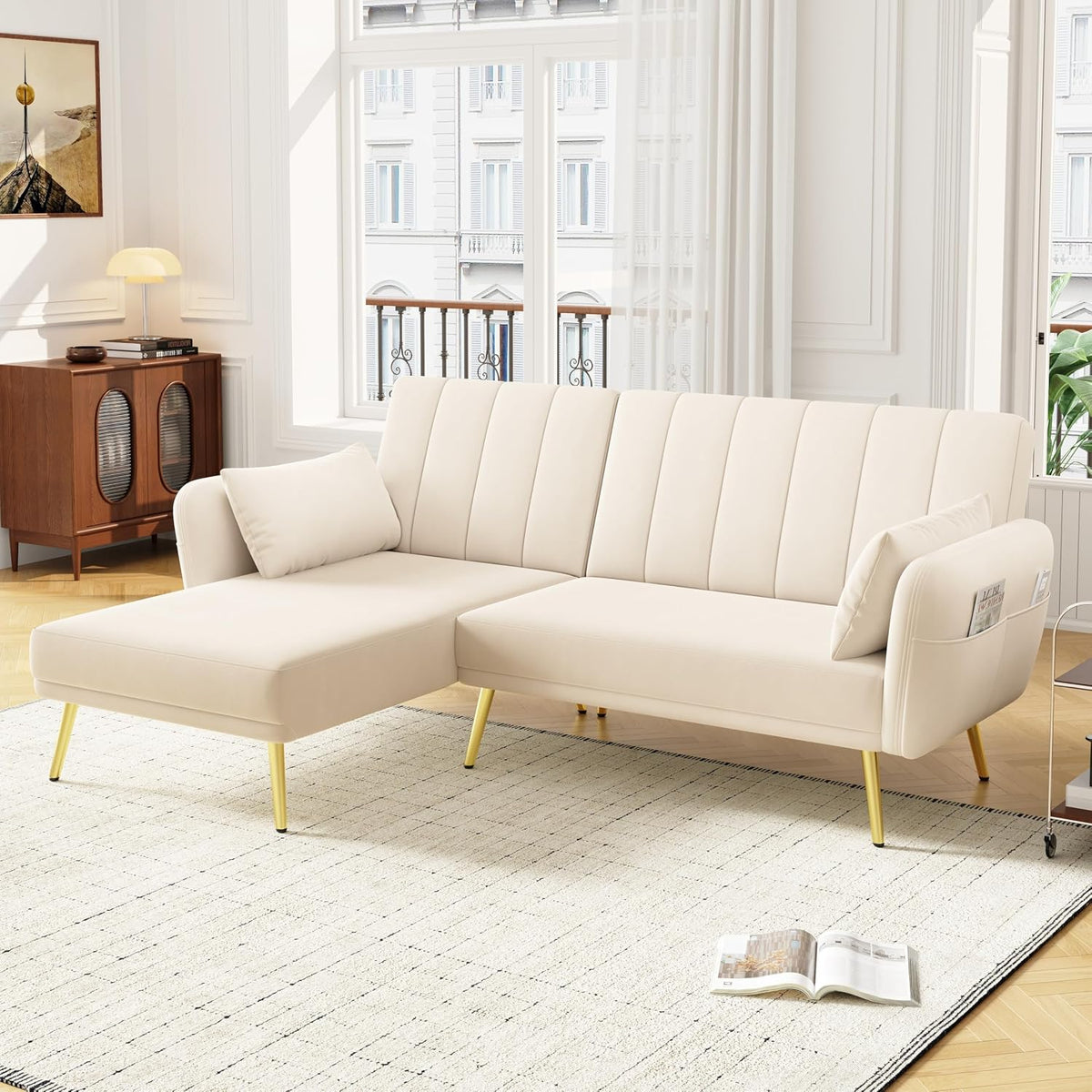 Arhatreya Sofa, Beige, 3 Sitzer L-förmiges Eck Modern Couch, 3er Sitz, Schlaf mit Zusatzecke, Klapp für Wohnzimmer