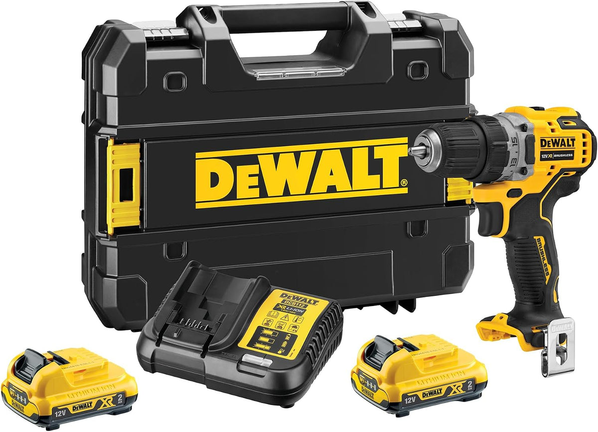 DEWALT Akkuschrauber, 2 Ah, Schwarz/Gelb, 12 Volt XR bürstenloser Akku-Bohrschrauber, inkl. 2x Li-Ion Akkus, 2A Ladegerät