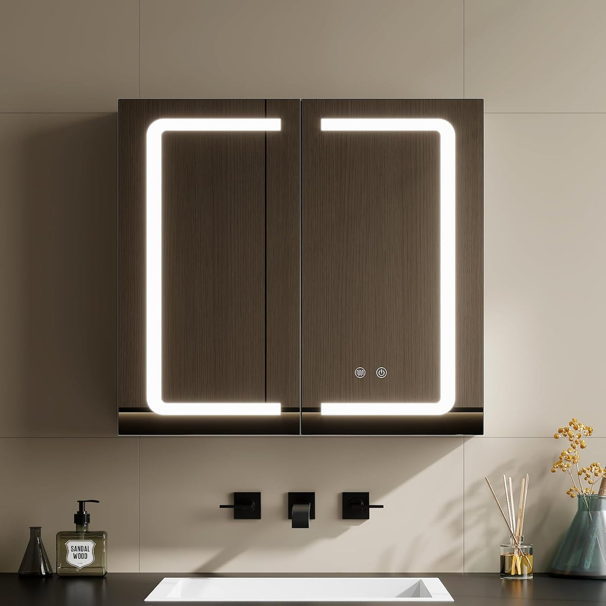 Warmiehomy Spiegelschränke, 65x60 cm, Weiß/Transparent, Spiegelschrank Bad mit Beleuchtung, Led Badezimmer spiegelschrank mit 3 Lichtfarbe Einstellbar
