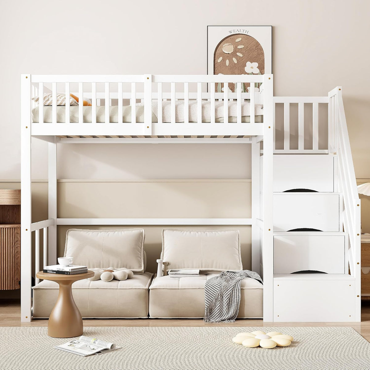 Jovify Bett, Weiß, Hoch 90x200, Etagen mit Treppe, Kinder en Stauraum Einzel gestell aus Kiefernholz, ohne Matratze