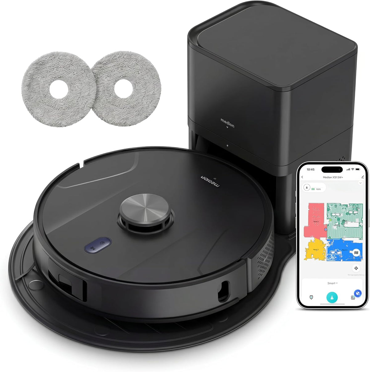 MEDION Saugroboter, grau, mit 2-in-1 Absaugstation, Lasernavigation und Wischfunktion X51 SW+ (Starke 10000Pa, 2in1 Roboterstaubsauger