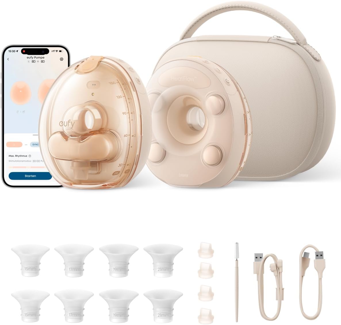 eufy Security Brustpumpen, Schwarz, Tragbare elektrische Milchpumpe S2 Pro, kabelloses Ladecase, sanfte Wärmemassage mit HeatFlow 2.0 & VibraPump