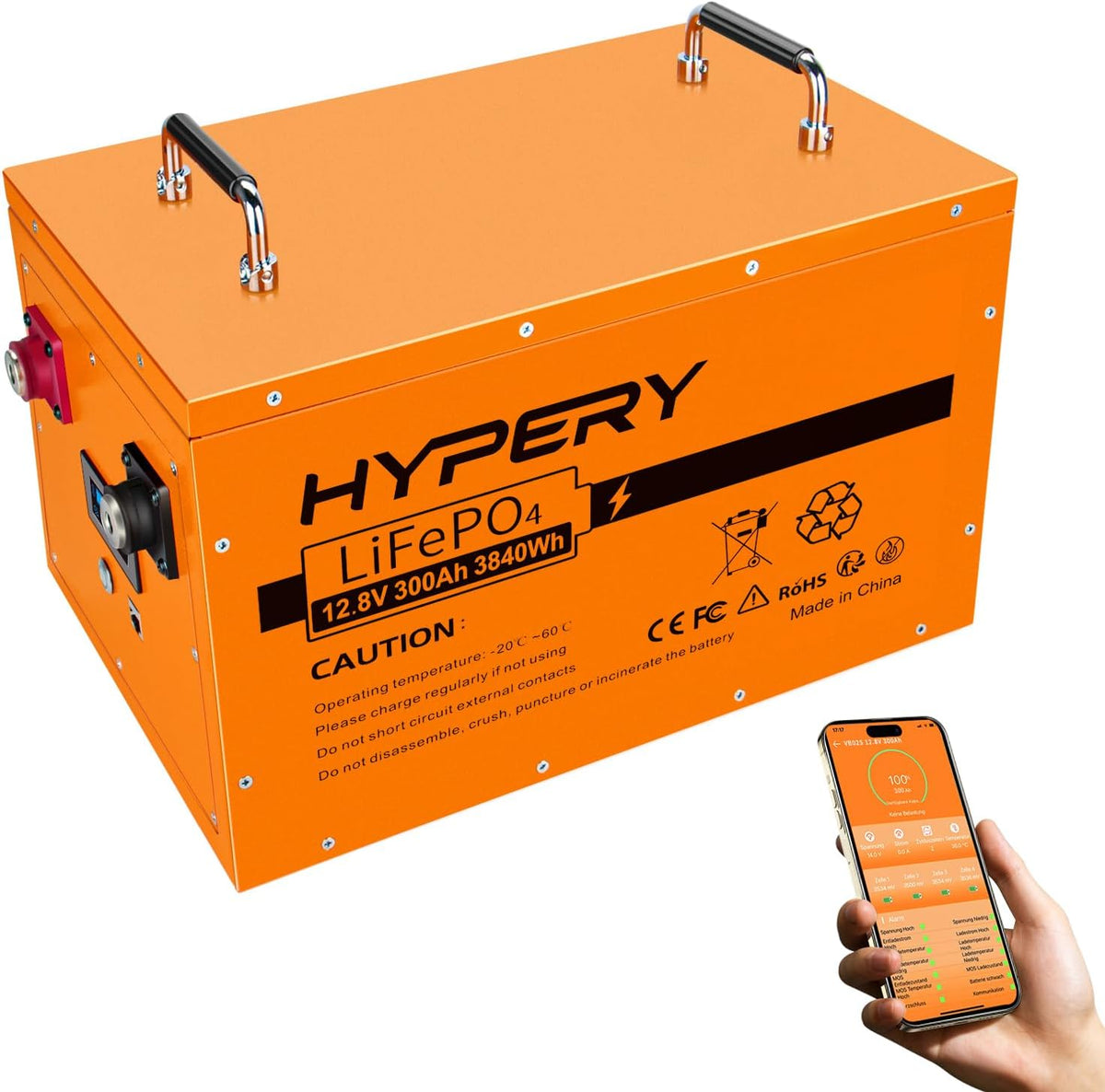 HYPERY Deep-Cycle-Batterien, 300 Ah, 12 V, Orange, Smart LiFePO4 Batterie mit Bluetooth, LED-Display, Startschalter und BMS