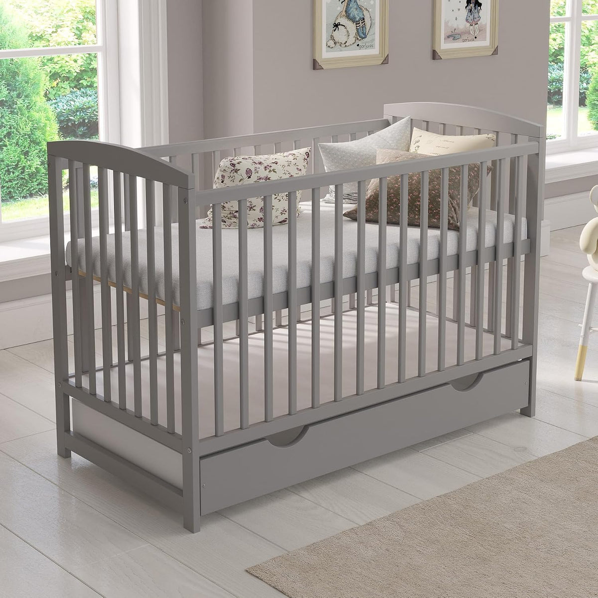 Love For Sleep Bett, 120x60 cm, Grau, Baby Beistell mit Schaumstoffmatratze Jacob Kinder Baby, Mitwachsend Gitter Baby Bed