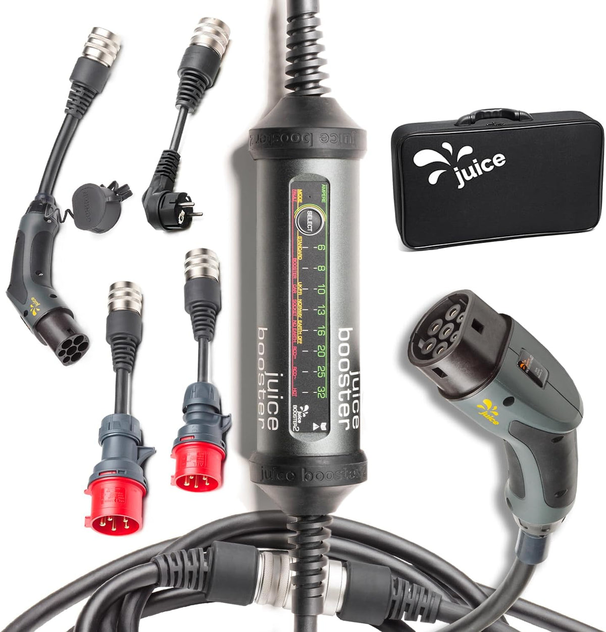smart Juice Ladestationen, 22 kW, Schwarz/Grau/Rot, Booster 2 - Mobile Ladestation, Schweizer Design, Adapter für alle Steckdosen