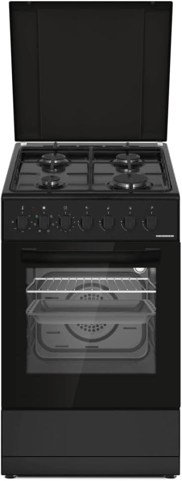 HEINNER Backofen, 50×60 cm, Schwarz, HFSC-S60LITGC-BK, Kombi-Herd mit 4 Gasbrennern & Elektro-, Emaille-Graten