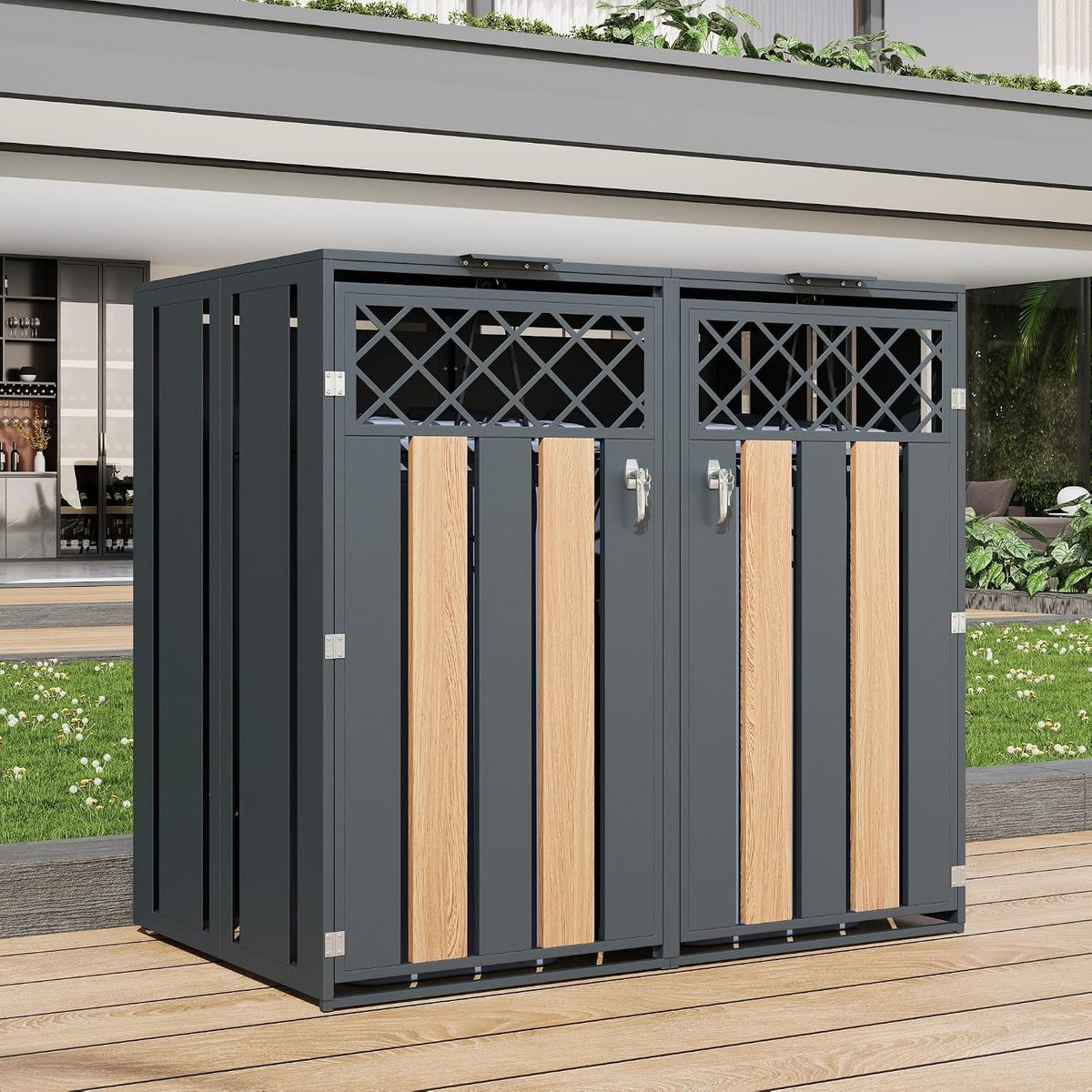 RAPRAP Mülltonnenbox, 240 Liter, Grau/Holzoptik, 4-Er Mülltonnenhaus Für 4X Tonnen 120 Und, Stahl Verzinkt, Mit Klappdeckel