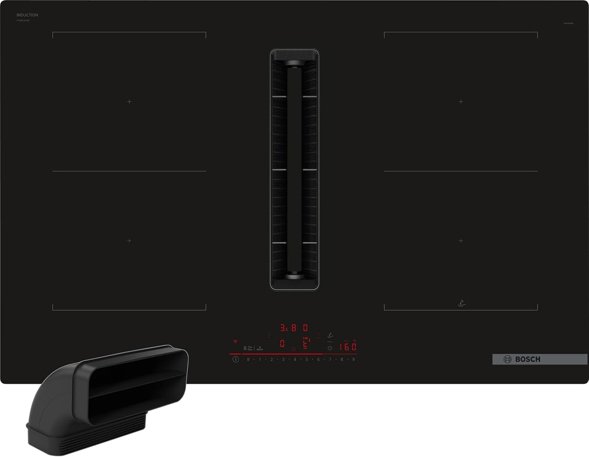 Bosch Kochfeld, 80 cm, Schwarz, PVQ811HGA7, Serie 6 Smartes Induktions mit Dunstabzug (autark), breit, Mit Flachkanal L