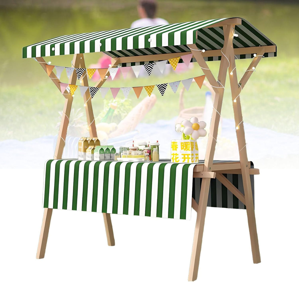 Faltbarer Handwagen, 120 x 60 x 200 cm, Grün/Weiß/Natur, Marktstand aus Holz, tragbarer Bauernmarktwagen mit Baldach