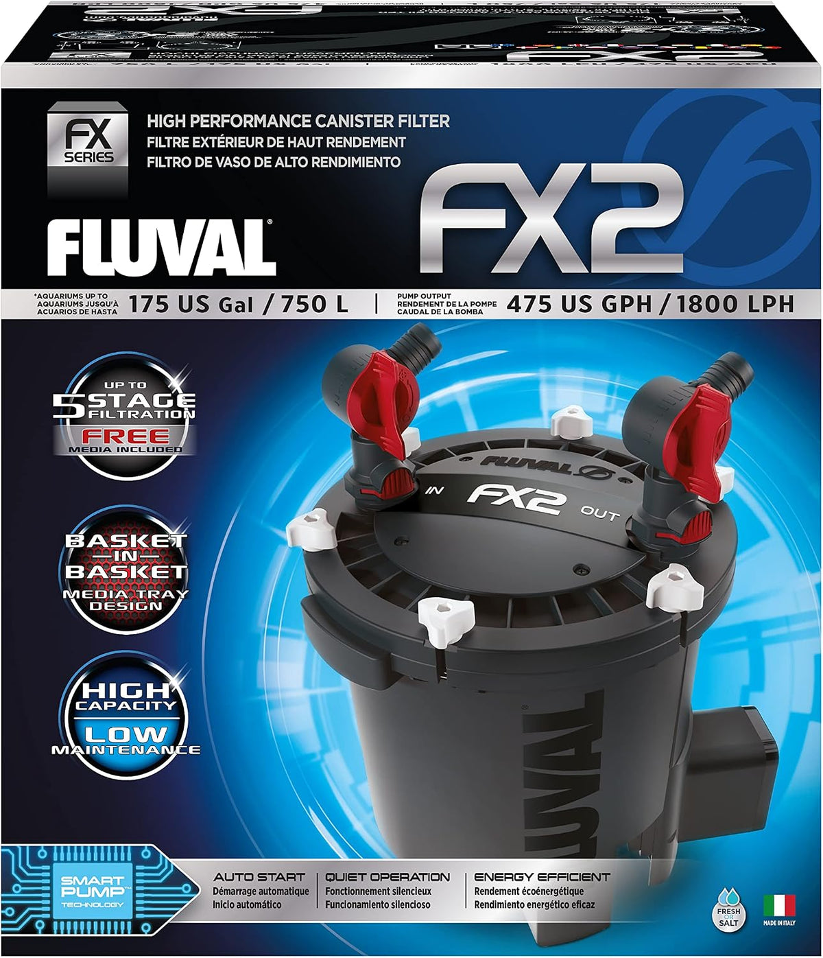 Fluval Filter, 750l, Schwarz/Rot, FX2 Hochleistungs-Außen, für Aquarien mit Einer Kapazität von bis zu