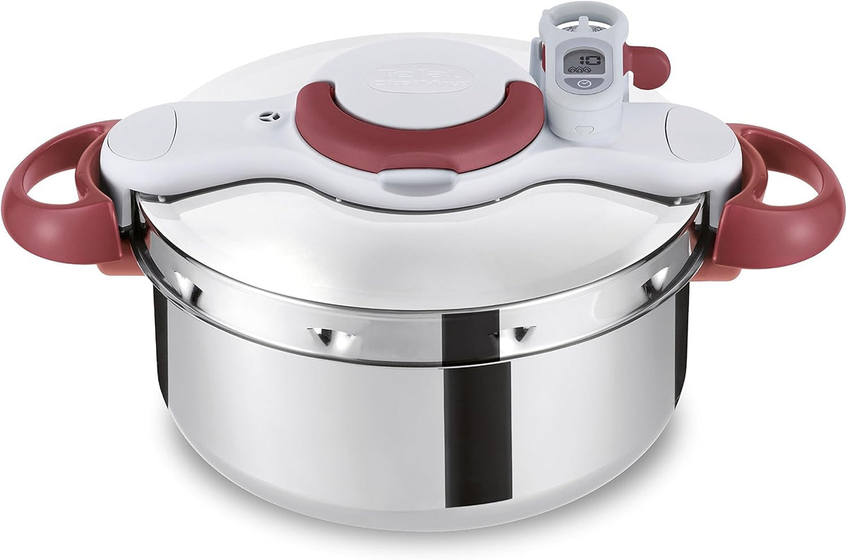 Tefal Schnellkochtöpfe, 6Liter, rot, P46207, Clipso Minut' Perfect Schnellkochtopf, mit Garbkorb und Timer, edelstahl/weiß/
