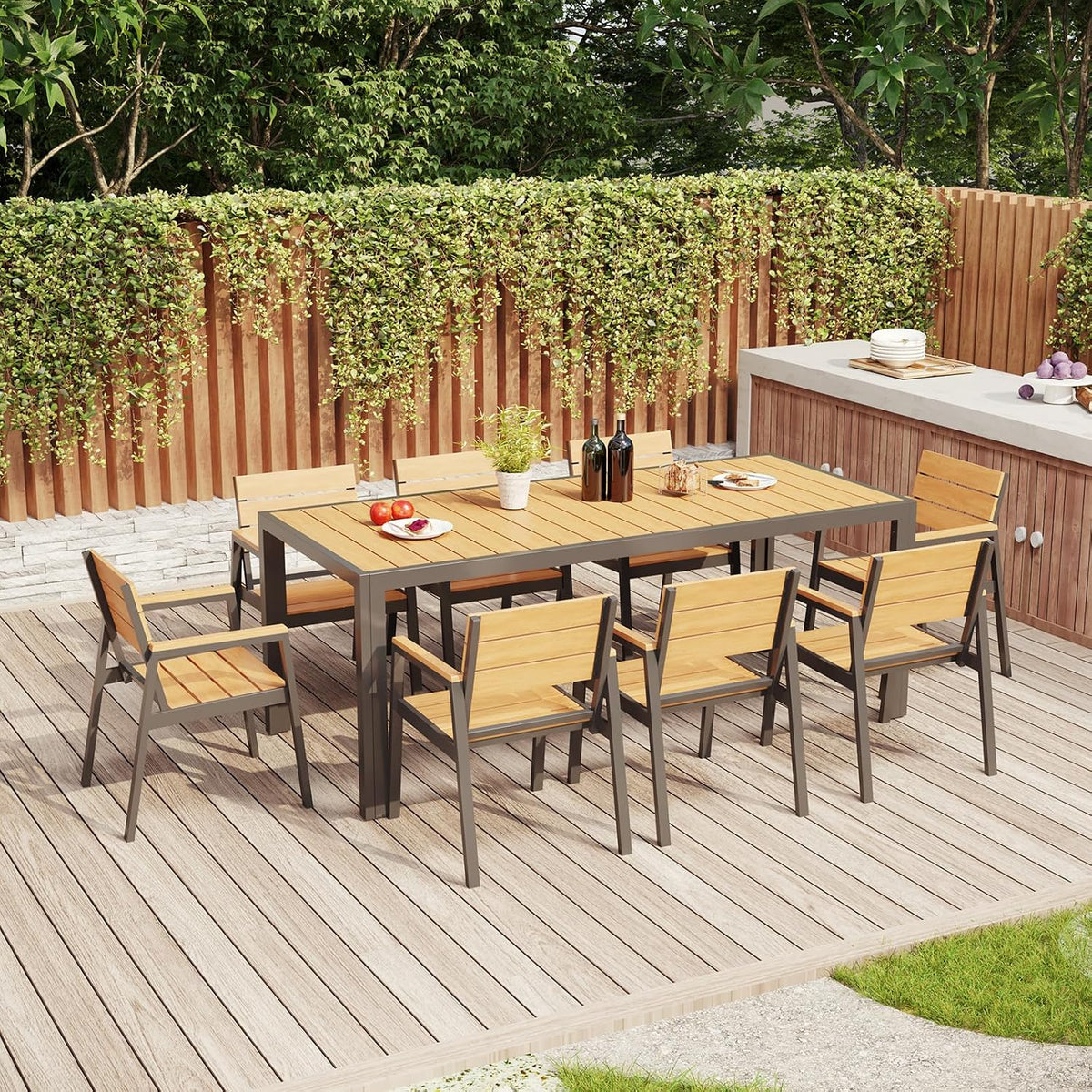 TRIUMPHKEY Gartenmöbel-Set, 189 cm, Teakfarbe/Grau, Aluminium Gartenmöbel 8+1, Gartenmöbel Set mit 1 PS Gartentisch und 8 Gartenstühle