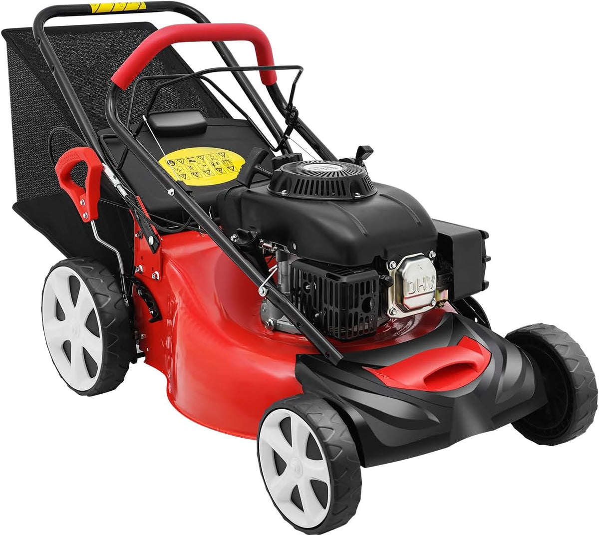 CHERIREN Rasenmäher, Rot/Schwarz, Viertakt Benzin 140CC 5HP Multifunktionaler Selbstfahrender