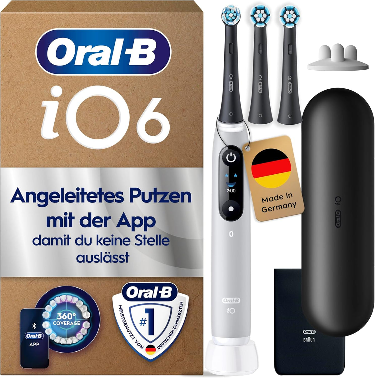 Oral-B Rotierend, Grau, iO Series 6 Elektrische Zahnbürste, Inkl. 3 Aufsteckbürsten, Reise-Etui, Electric Toothbrush mit 5 Putzmodi für Zahnpflege