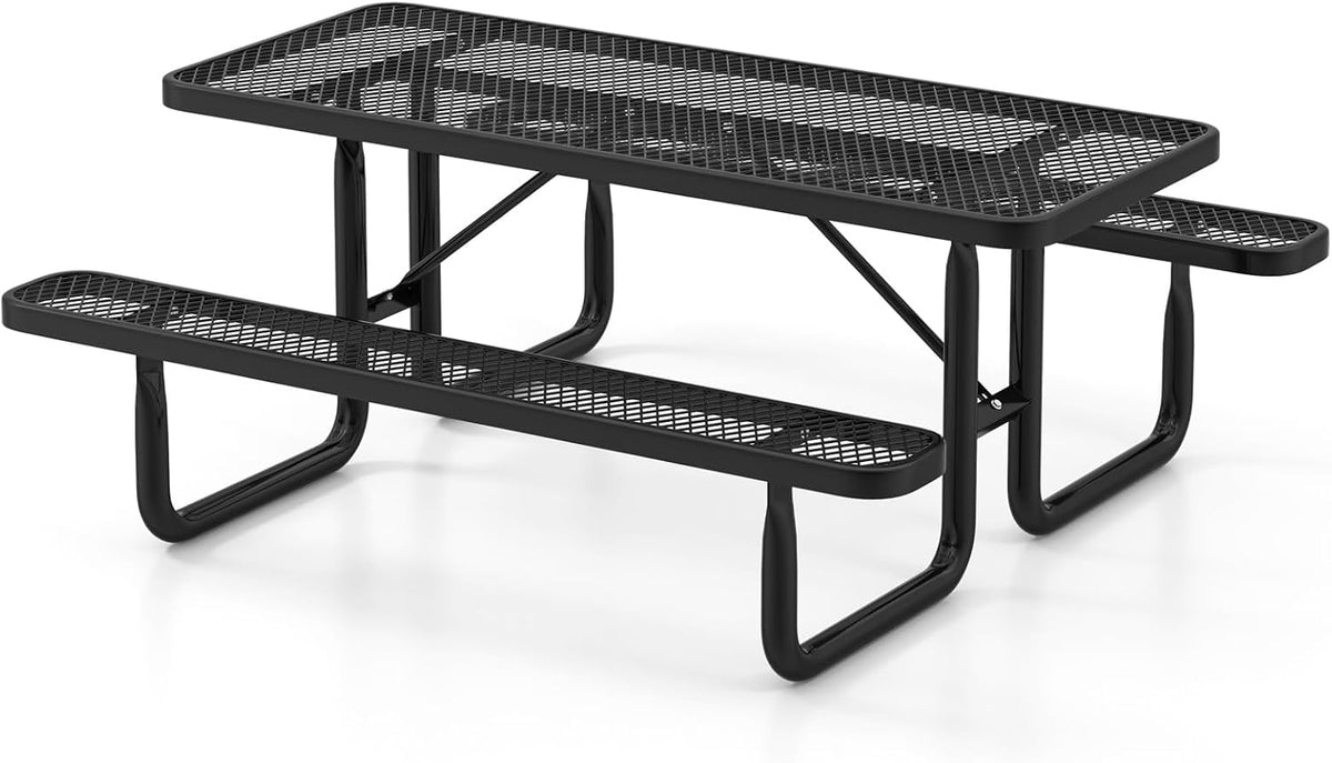 GIANTEX Picknicktische, 450 kg, Metall., Schwarz, Picknicktisch für 8 Personen, rechteckiger Esstisch aus Metall mit 2 Bänken
