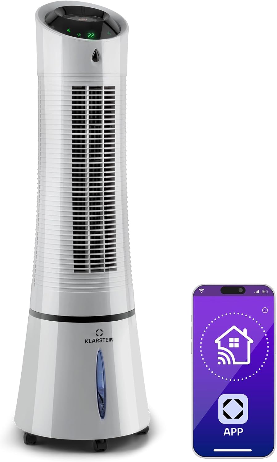 Klarstein Klimaanlage, 210 m, 30 W, 6 L, Silber, 4-in-1: Smart Luftkühler, Ventilator, Luftbefeuchter & Ionisation I Wassertank