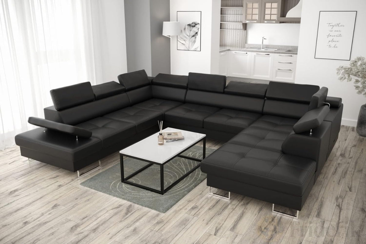 Friderik Sofa, 280x350x225 cm, Schwarz, Eck Leder Galaxy MAX I Leder Schlaffunktion und Zwei, Links)