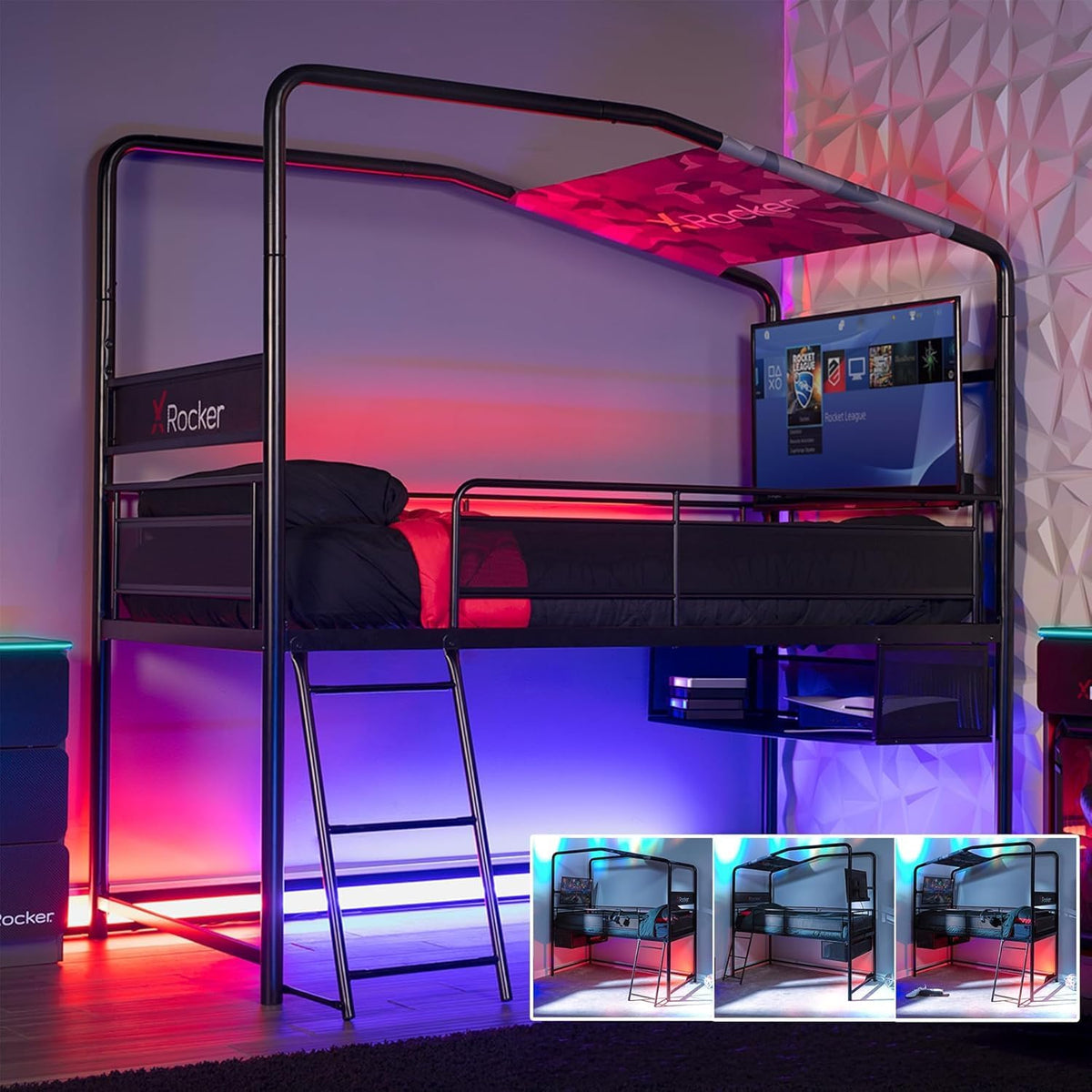 X Rocker Bettrahmen, SCHWARZ, X- Contra Mittelbett, TV-Gaming-Bett mit Stauraum, 4-Wege-Aufbau, Gaming-Schlafzimmer
