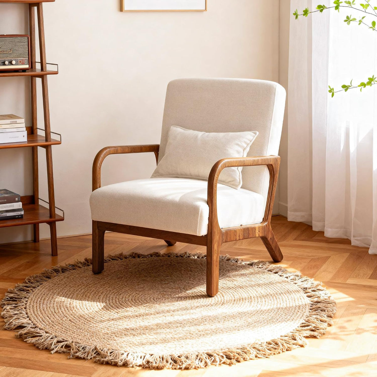 BonVache Relaxsessel, Beige, Gepolsterter Sessel mit Armlehnen, Loungesessel mit Massivholzrahmen für Wohnzimmer