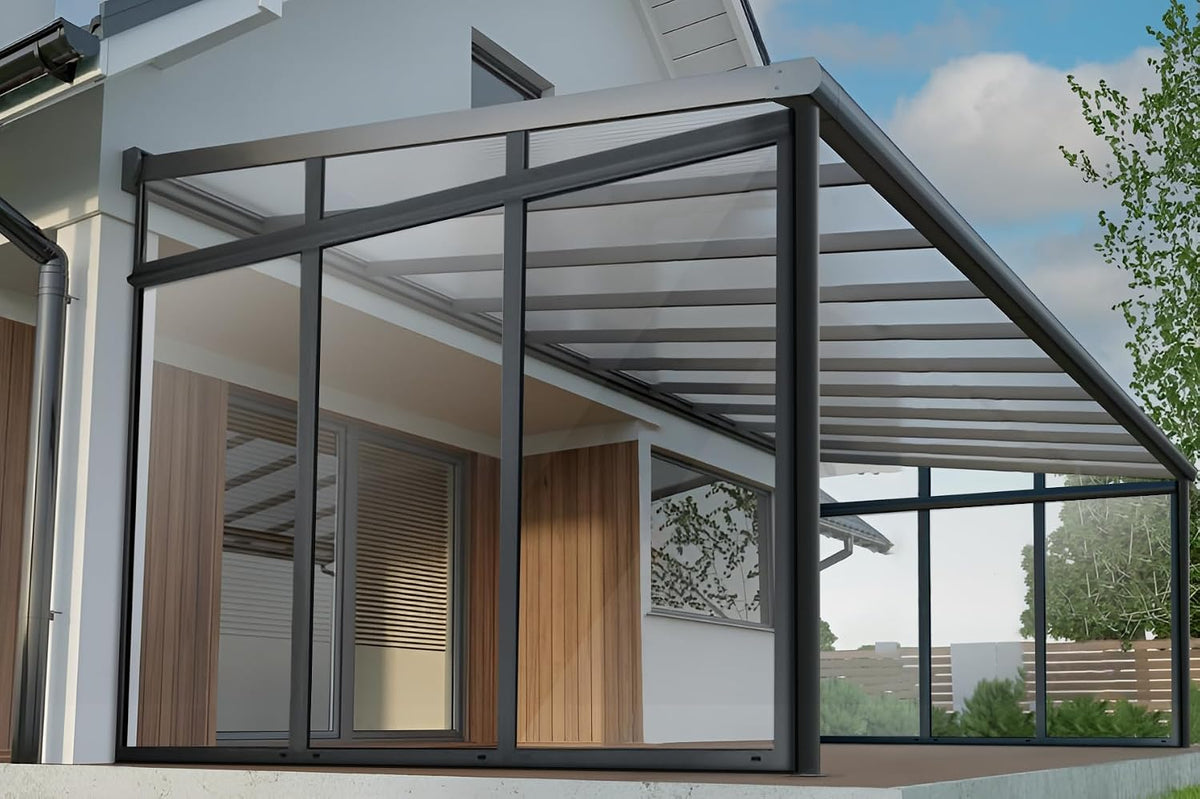 Arilco Gartenlaube, 3,5m, Schwarz, Terrassenüberdachung, Wintergarten, Inklusive Rechte Seitenwand, Polycarbonate