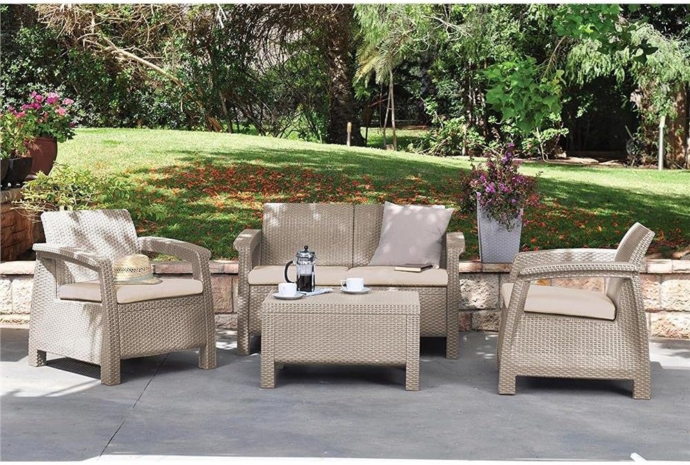 Sofa Keter, 50 x 168 x 75 cm, Creme, Corfu Lounge Set, Gartenmöbel mit 2-Sitzer-, 2 Sessel und einen Tisch mit Kissen