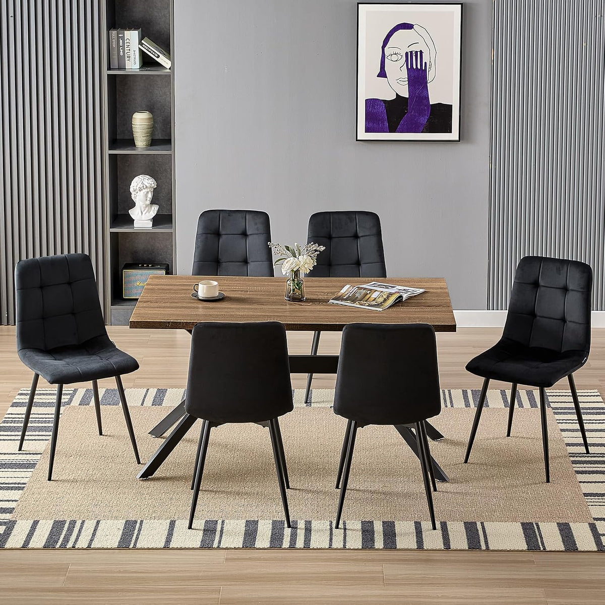 LEWE Essgruppe, 140X80X76 cm, Schwarz, Esstisch mit 6 Stühlen, Rechteckiger Küchentisch aus Dunkle Holz in mit 6