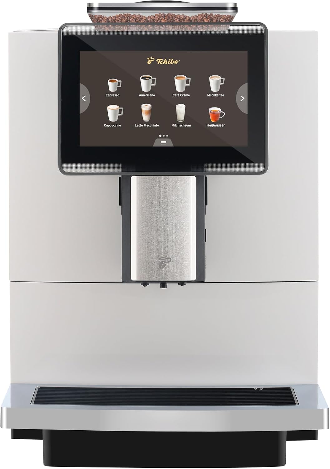 Tchibo Kaffeevollautomat, 2 L, Weiß/Silber, Office mit Wasserfilter, Keramikmahlwerk, Farb-Touchdisplay, 1500 Watt