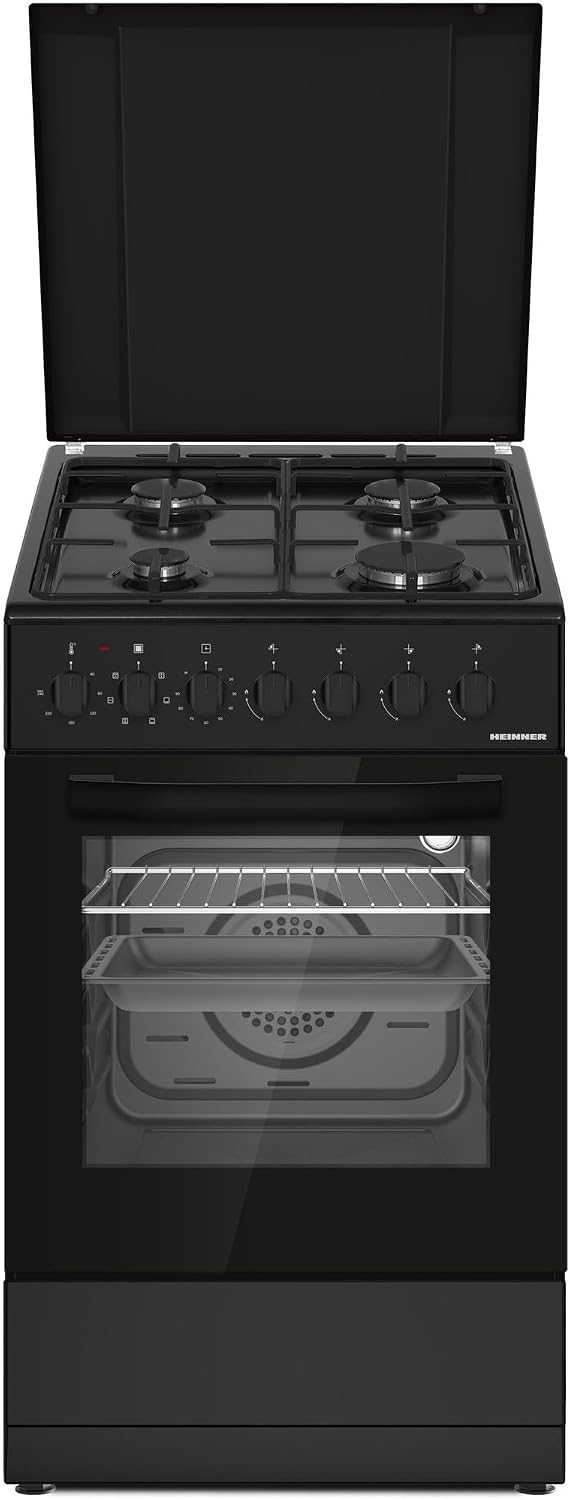 HFSC Backofen, 50×60 cm, Schwarz, S60LITGC-BK, Kombi-Herd mit 4 Gasbrennern & Elektro-, Emaille-Graten, Sicherheitsabschaltung